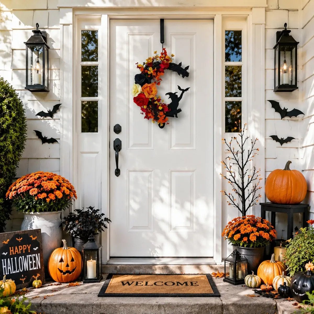 Crescent moon Halloween wreath with witch silhouette hanging on a white front door with pumpkins on porch steps