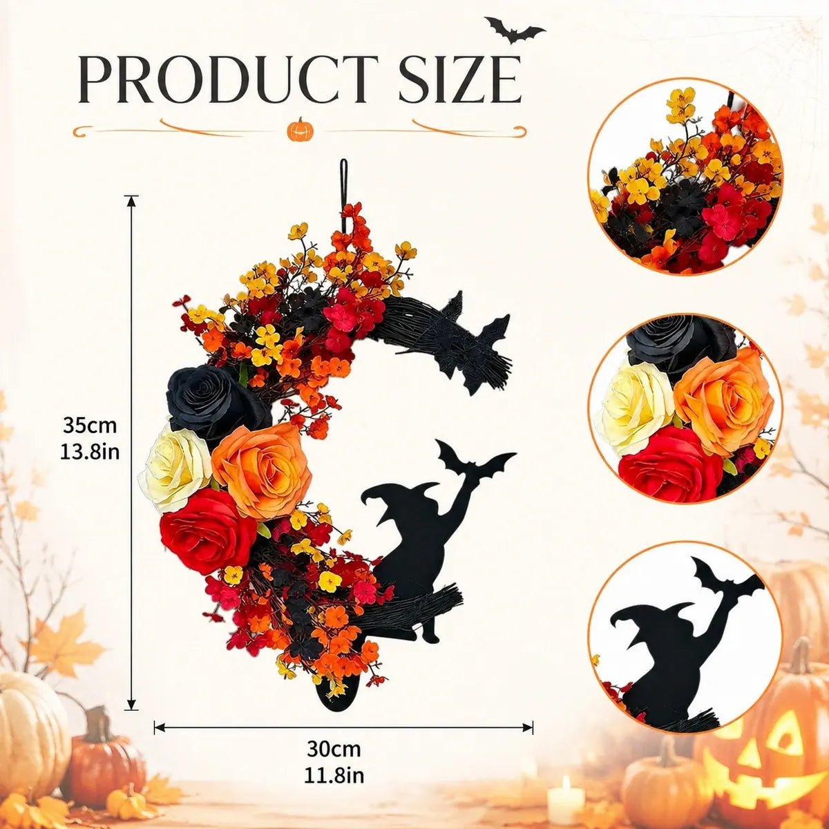 Product size chart for crescent moon Halloween wreath with black witch and bat silhouettes showing dimensions and design details