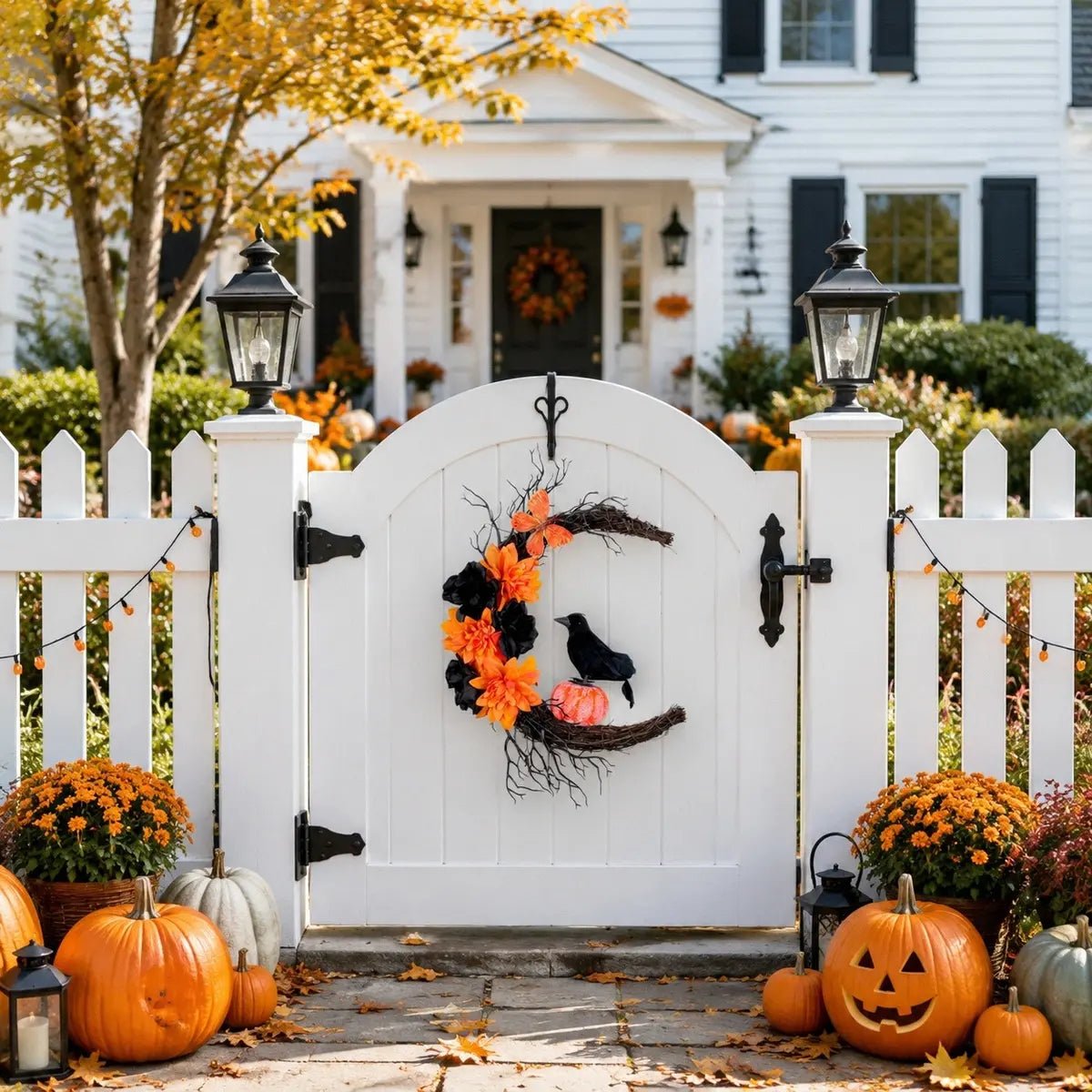 Crescent moon Halloween wreath hanging outdoors on a white fence with pumpkins