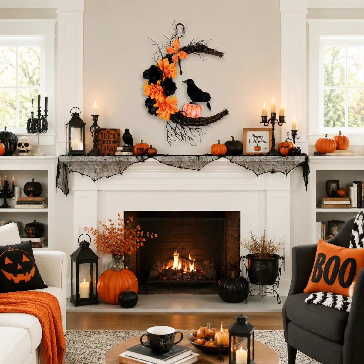 Crescent moon Halloween wreath styled on a fireplace mantel with pumpkins and seasonal decor