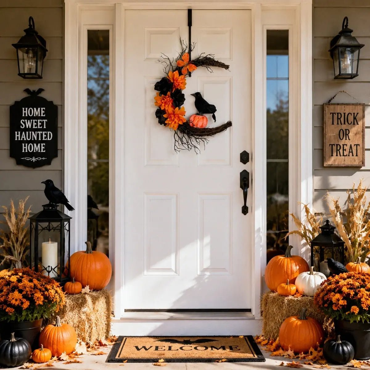 Crescent moon Halloween wreath displayed on a dark front door with fall foliage