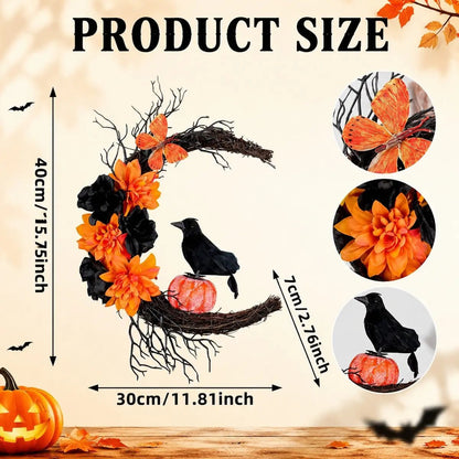 Product size chart for crescent moon Halloween wreath showing dimensions and design details