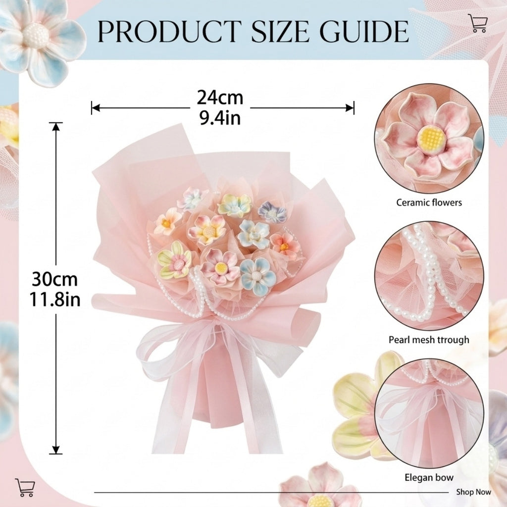 DIY Mini Ceramic Flower Bouquet Material Kit Handmade Clay Assembly Set with Pearl Chain & Gift Packaging Craft Gift