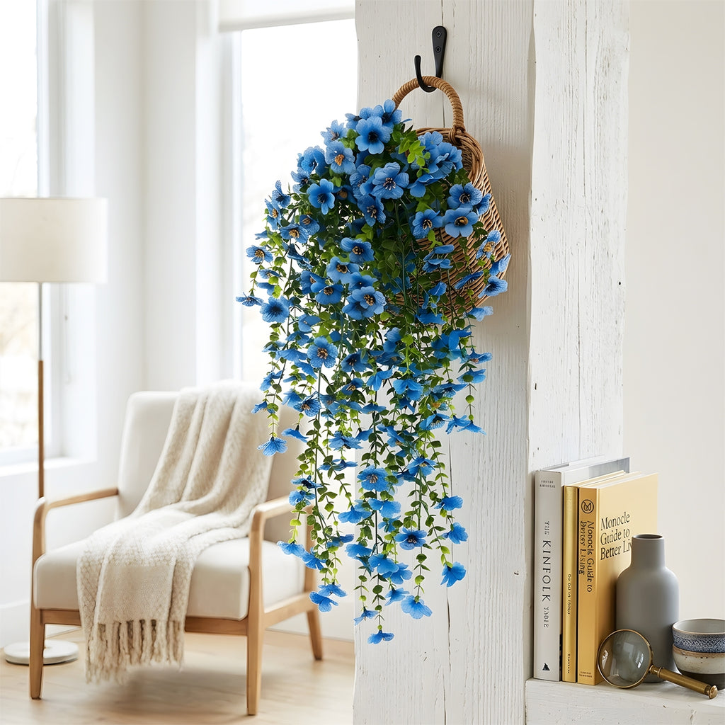 Artificial Hanging Flowers for Outdoors, Morning Glory Artificial Flowers with Eucalyptus Leaves, UV Resistant Fake Flower Realistic Faux Plants for Home Patio Porch Garden