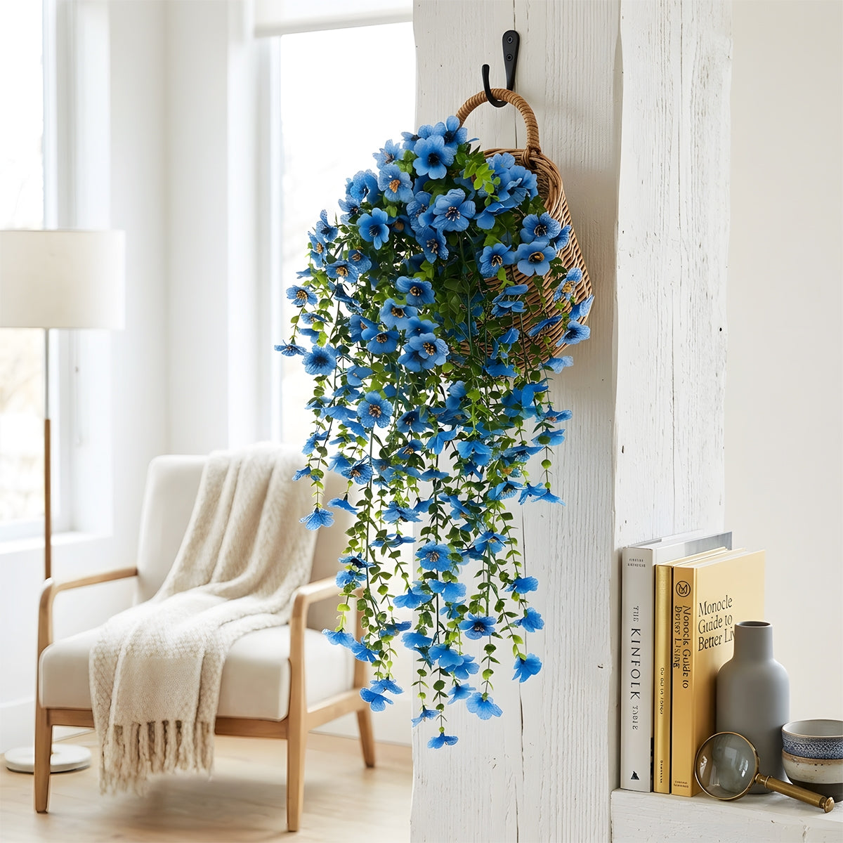 Artificial Hanging Flowers for Outdoors, Morning Glory Artificial Flowers with Eucalyptus Leaves, UV Resistant Fake Flower Realistic Faux Plants for Home Patio Porch Garden
