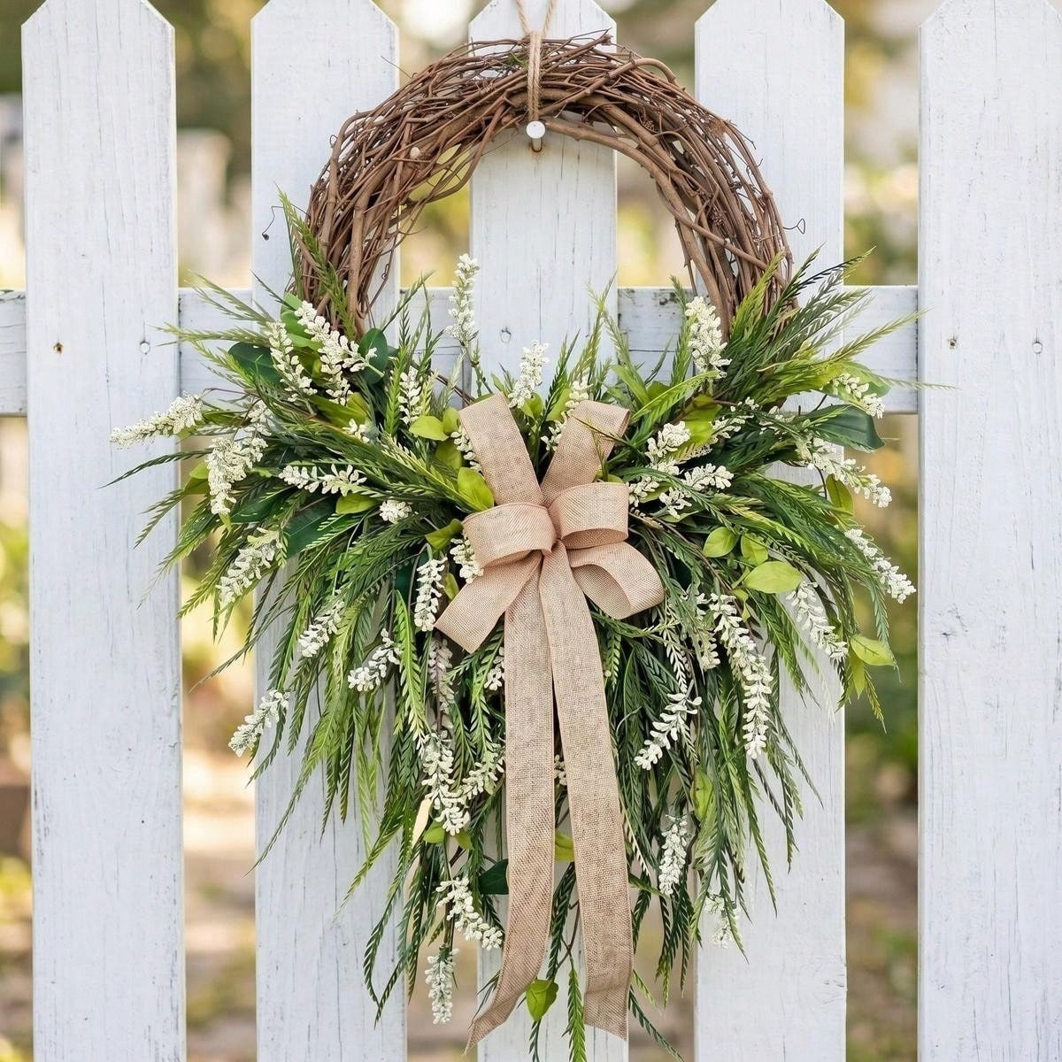 Farmhouse Front Door Wreath with Burlap Bow, Green Foliage & White Flowers for Spring Summer Rustic Home Porch & Wall Decor