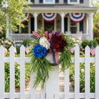 Patriotic Wreath with Red White Blue Hydrangea & Flag Bow | 4th of July Front Door Decor for Summer Holiday Home Porch & Wall Art