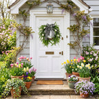 Modern Classic Front Door Wreath with Tulip & Black White Striped Bow Green Foliage for Spring Summer Home Porch & Wall Decor
