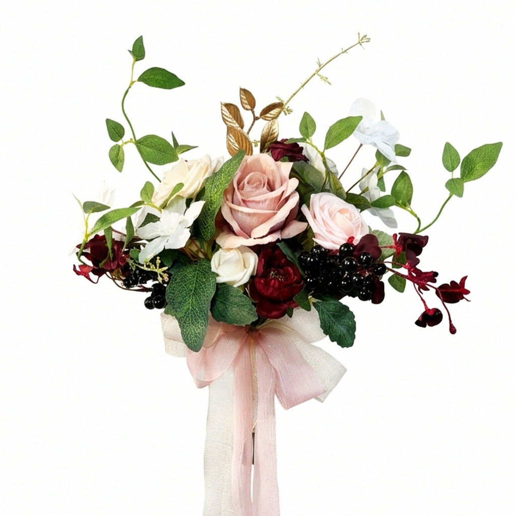 Burgundy and dusty pink artificial rose bouquet with champagne blush peony eucalyptus greenery and pink ribbon for wedding bridal shower and home decor