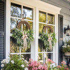 Farmhouse Front Door Wreath with Burlap Bow, Green Foliage & White Flowers for Spring Summer Rustic Home Porch & Wall Decor