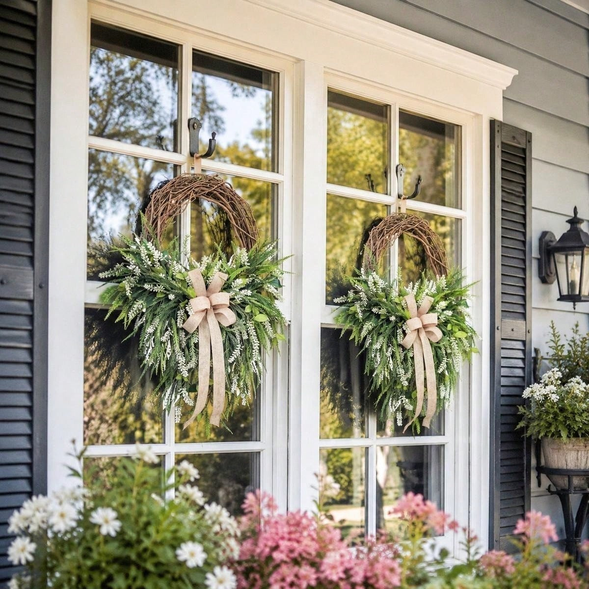 Farmhouse Front Door Wreath with Burlap Bow, Green Foliage & White Flowers for Spring Summer Rustic Home Porch & Wall Decor