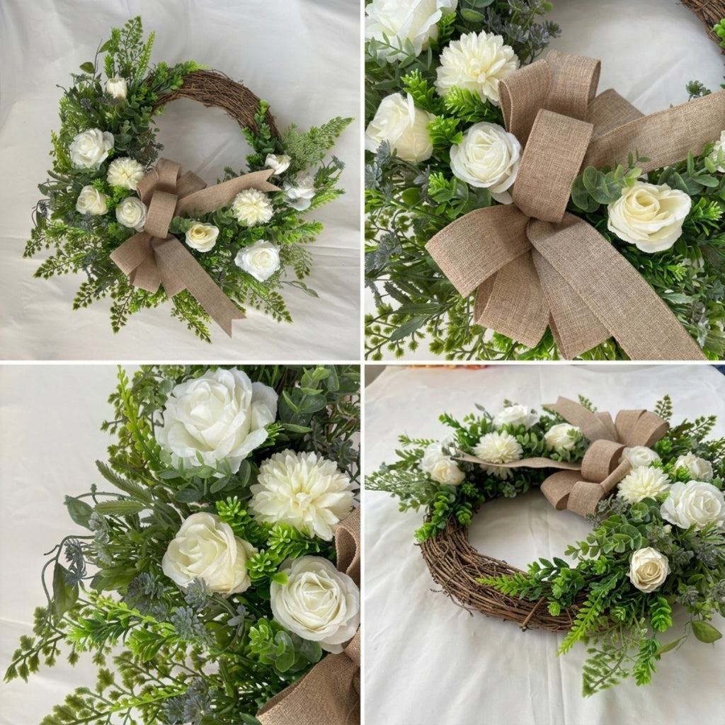 Artificial White Rose & Greenery Wreath with Burlap Bow, Rustic Farmhouse Spring Summer Wreath for Front Door Outdoor Porch Wall Home Decor