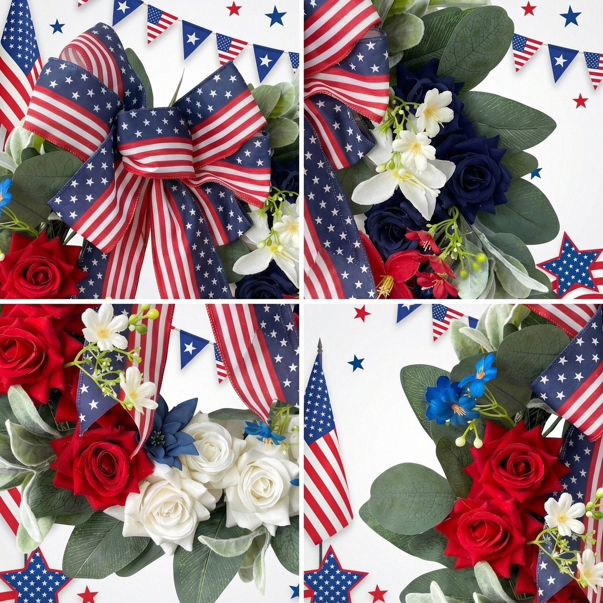 Patriotic Americana Wreath Fourth of July Front Door Decor Red White Blue Hydrangea Wreath with Flag Bow Summer Holiday Wall Art for Home Porch