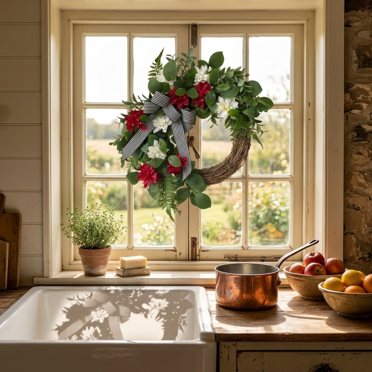 Artificial Spring Wreath for Front Door, Faux Red White Floral Grapevine Wreath with Eucalyptus Greenery Bow, Farmhouse Outdoor Porch Fence Wall Decor