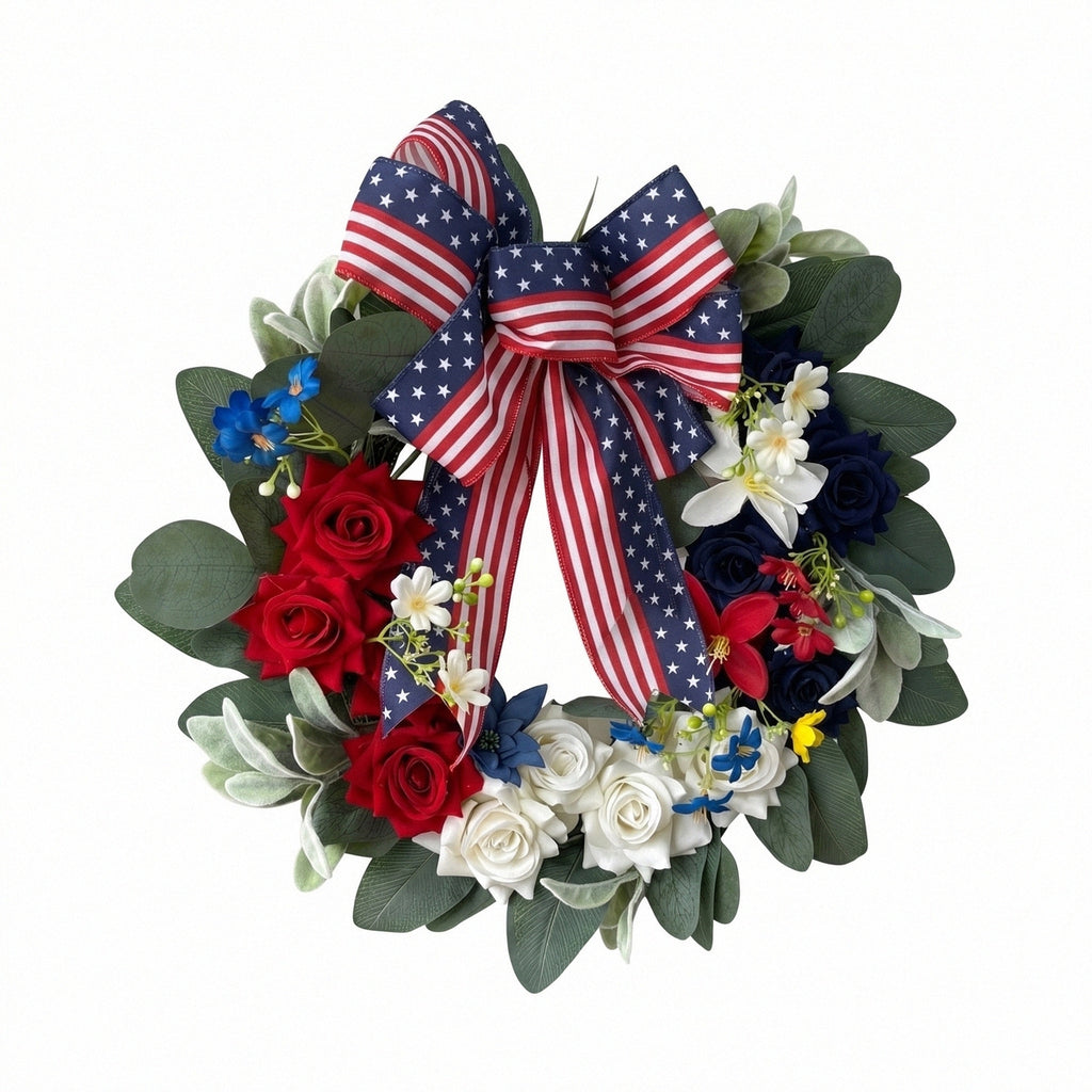 Patriotic red white blue hydrangea wreath with American flag bow for front door porch and home wall art for 4th of July Memorial Day and summer holiday decor