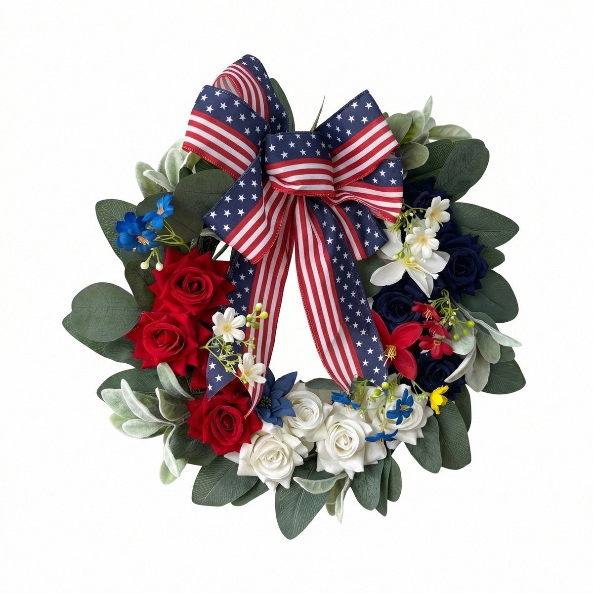 Patriotic Americana Wreath Fourth of July Front Door Decor Red White Blue Hydrangea Wreath with Flag Bow Summer Holiday Wall Art for Home Porch