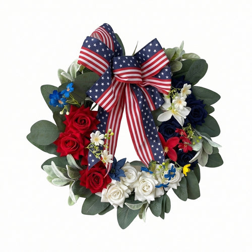 Patriotic red white blue hydrangea wreath with American flag bow for front door porch and home wall art for 4th of July Memorial Day and summer holiday decor