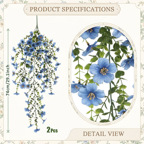 Artificial hanging morning glory flowers 2pcs blue with eucalyptus leaves UV resistant faux plants for outdoor porch balcony fence garden