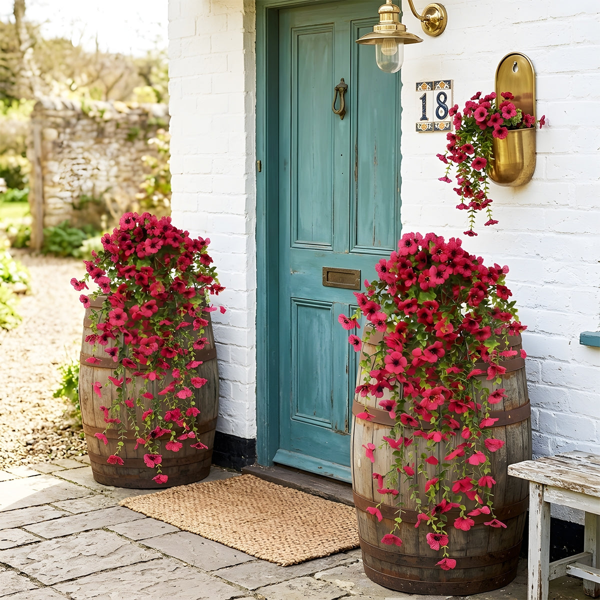 Artificial Hanging Flowers for Outdoors, Morning Glory Artificial Flowers with Eucalyptus Leaves, UV Resistant Fake Flower Realistic Faux Plants for Home Patio Porch Garden