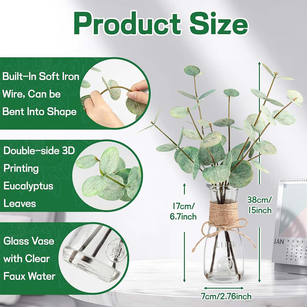 Artificial Eucalyptus Stems in Glass Vase with Faux Water | Faux Greenery for Bathroom Desk Shelf Coffee Table Decor