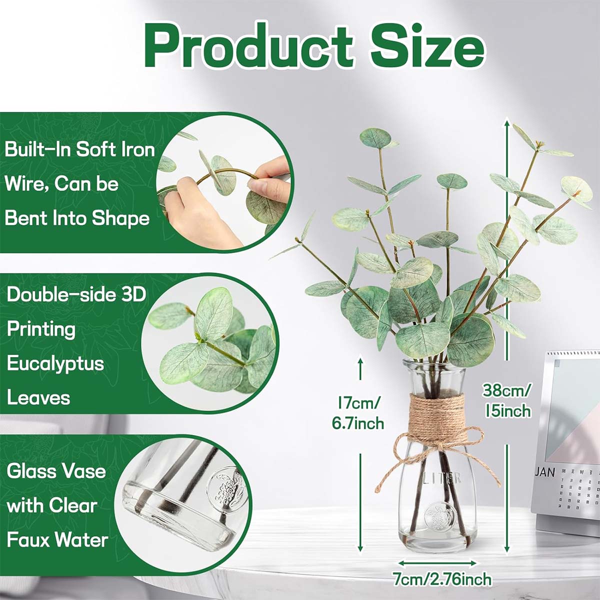 Artificial Eucalyptus Stems in Glass Vase with Faux Water | Faux Greenery for Bathroom Desk Shelf Coffee Table Decor