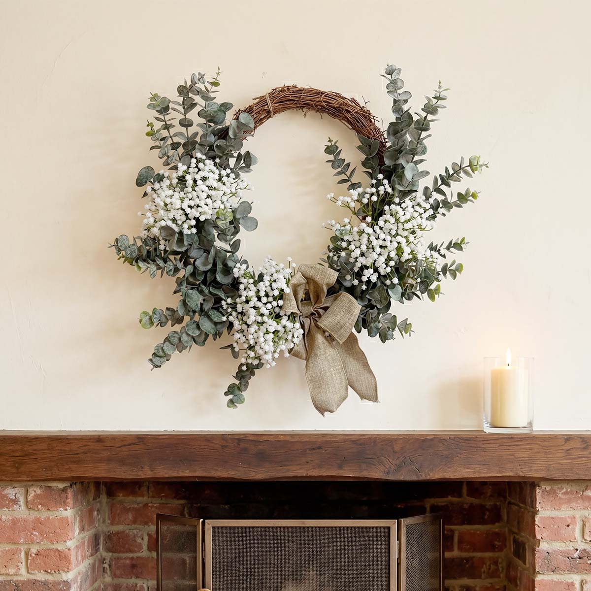 Farmhouse Eucalyptus Wreath with Burlap Bow & White Baby's Breath for Front Door Porch Wall Living Room & Bedroom Decor