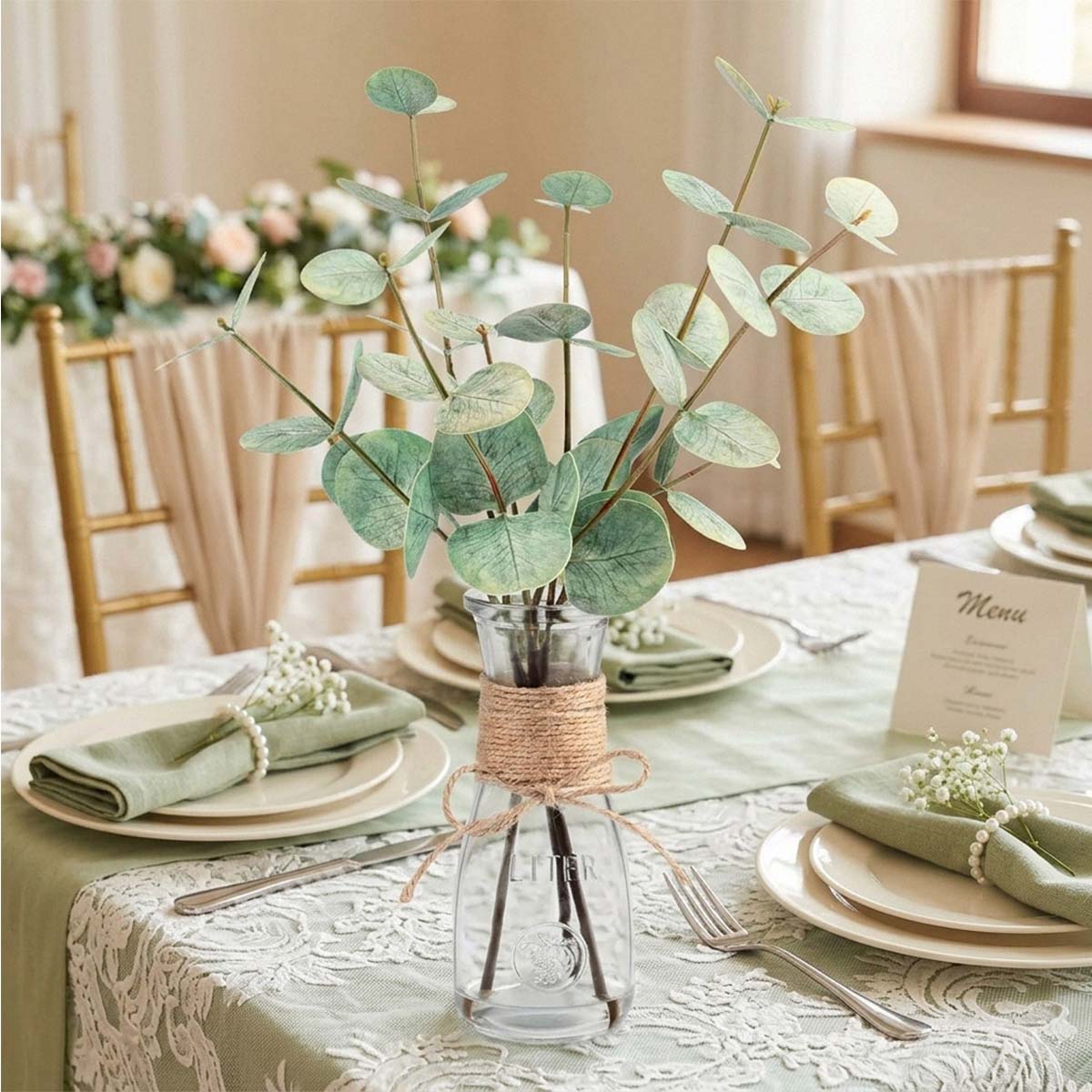 Artificial Eucalyptus Stems in Glass Vase with Faux Water | Faux Greenery for Bathroom Desk Shelf Coffee Table Decor