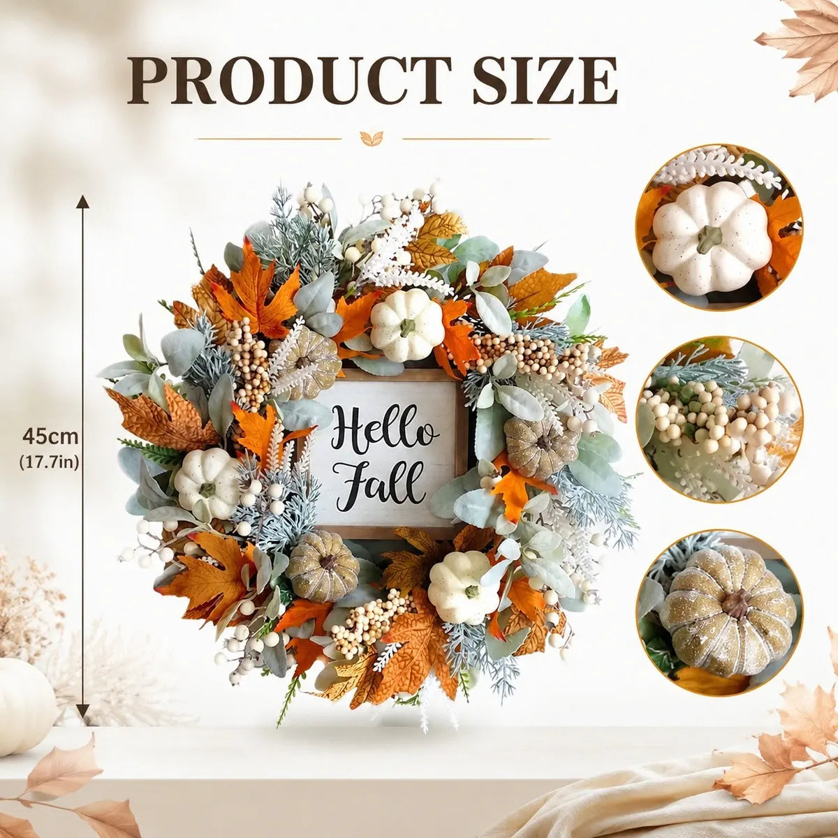 Product size chart for 18 inch Thanksgiving fall wreath showing dimensions with eucalyptus, berries, pumpkins and lamb ear leaf design details