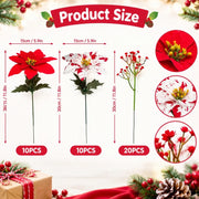 Artificial Christmas Poinsettia Picks & Berry Stems – Set of 40