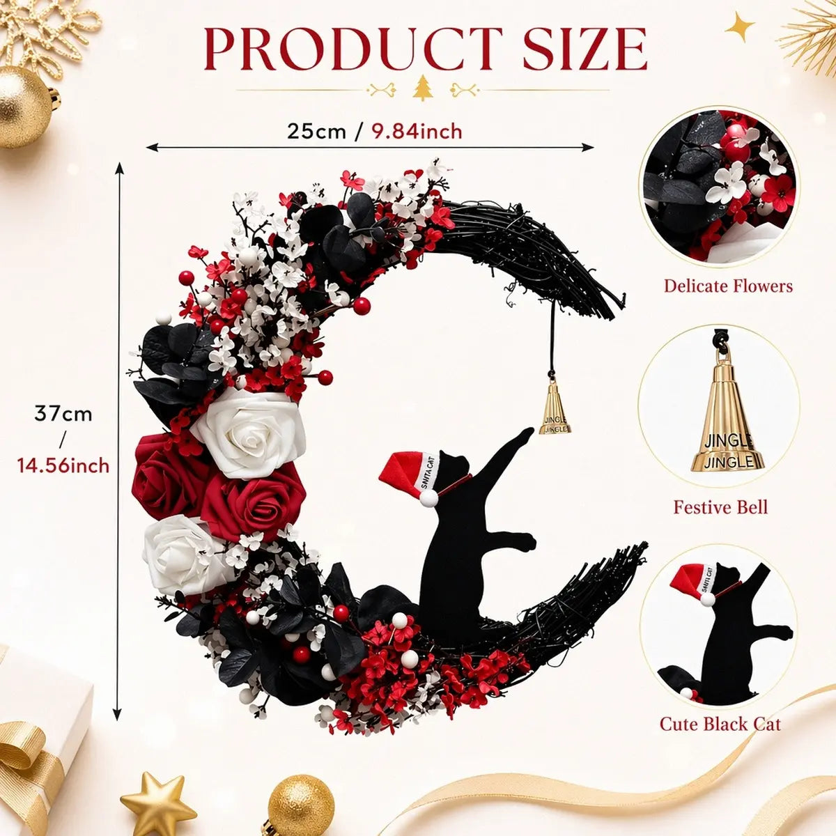 Christmas black cat moon wreath product size chart showing 25cm wide x 37cm tall (9.84 x 14.56 inch), with detail callouts for delicate red and white flowers, gold jingle bell and cute black Santa cat silhouette
