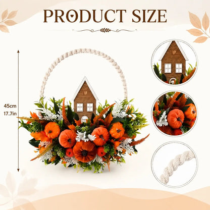 Product size chart for autumn pumpkin fall wreath showing dimensions with pumpkin and berry design details