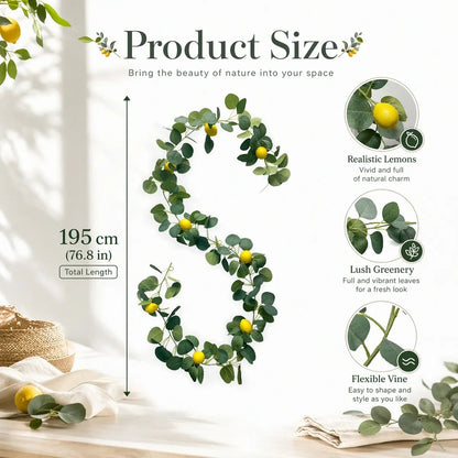 Product size chart: artificial lemon eucalyptus garland 195cm (76.8") total length, realistic faux lemons, lush green leaves, flexible bendable vine, easy to shape and style