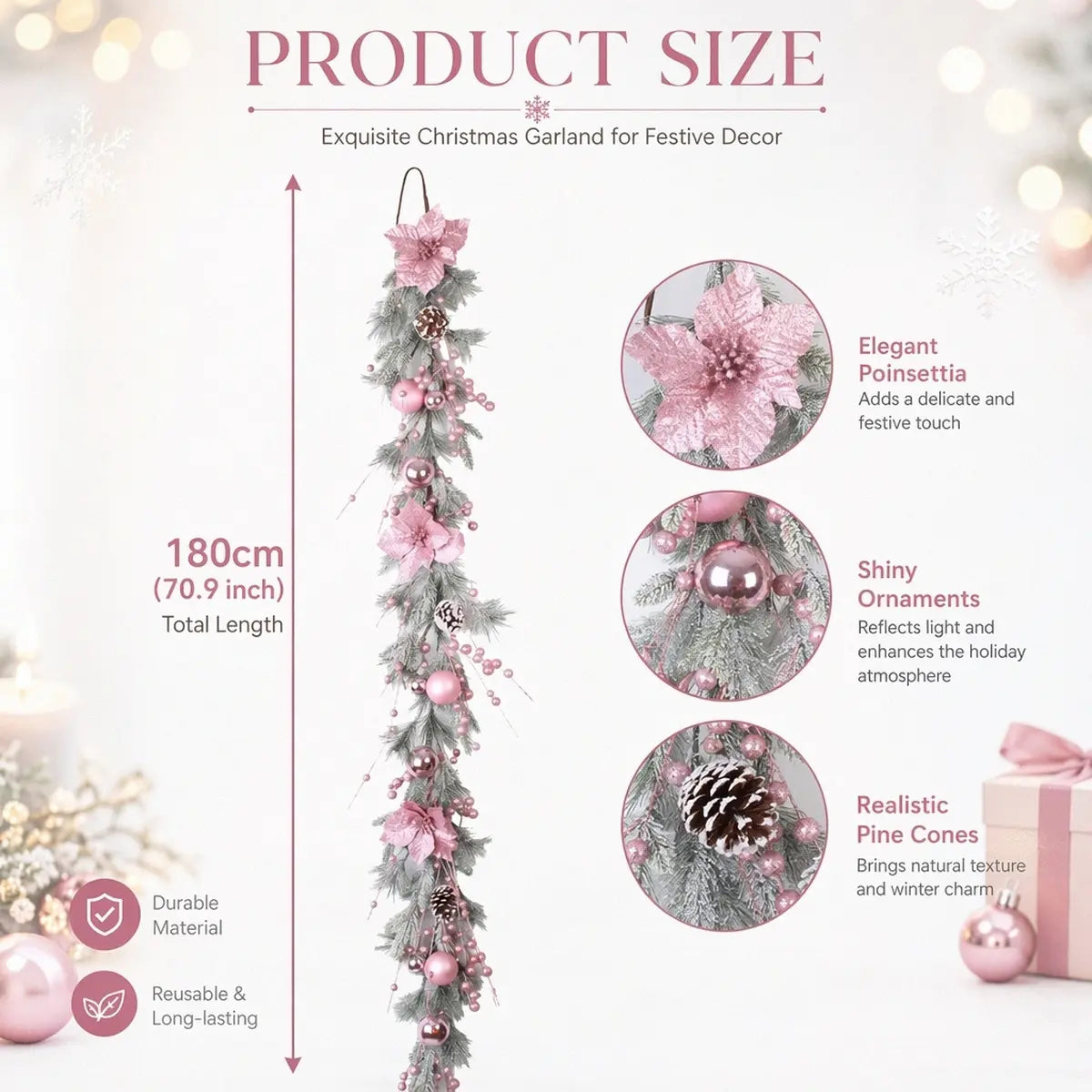 Pink Christmas Garland Size Chart – 70.87 Inch Artificial Garland with Ball Ornaments and Pine Cones

