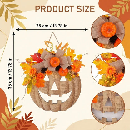 Product size chart for burlap pumpkin wreath showing 35cm / 13.8in diameter with detail views