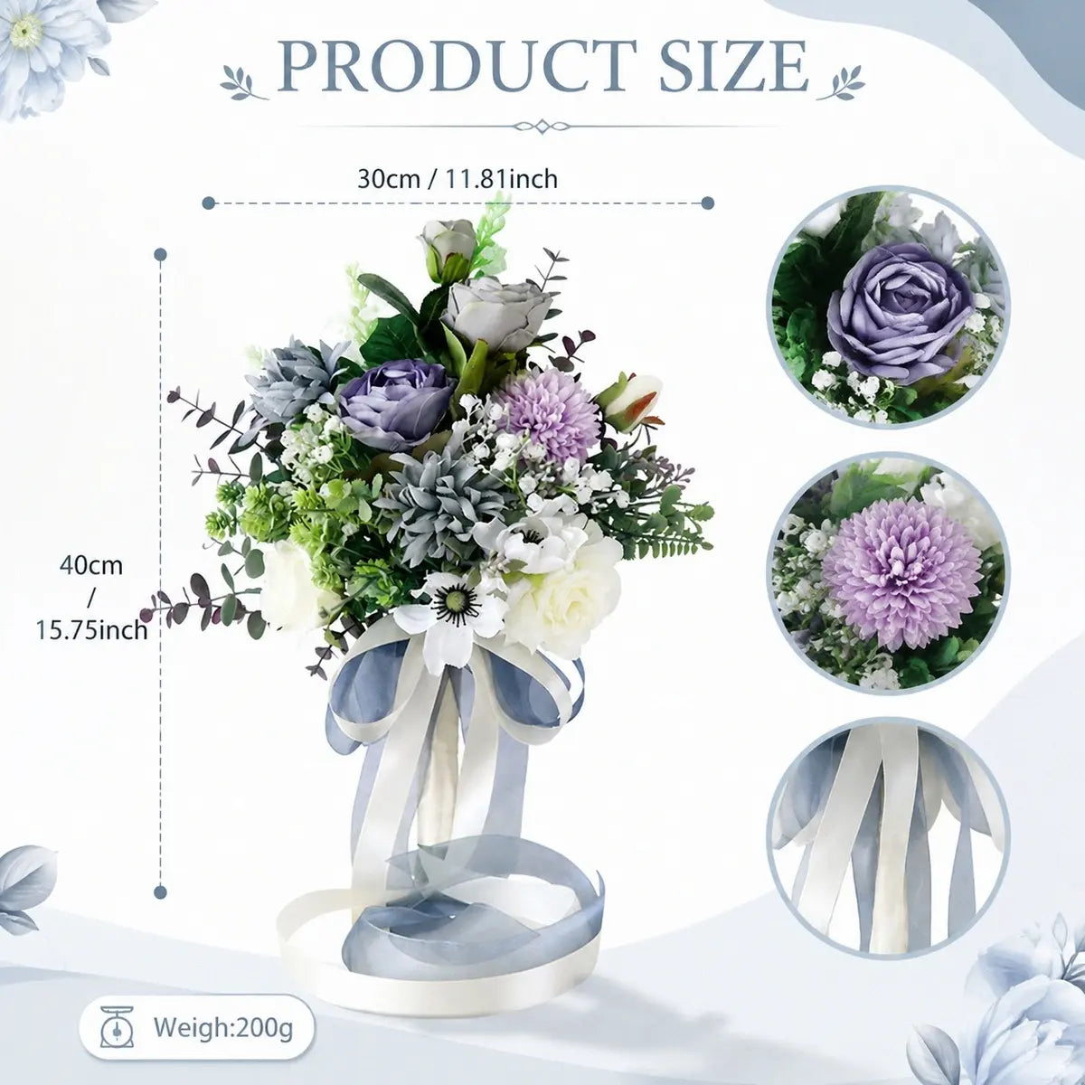Artificial dusty purple bridal bouquet size chart 30cm wide 45cm tall 200g with rose chrysanthemum anemone and satin ribbon detail – IPOPU
