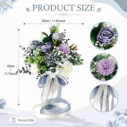 Artificial dusty purple bridal bouquet size chart 30cm wide 45cm tall 200g with rose chrysanthemum anemone and satin ribbon detail – IPOPU
