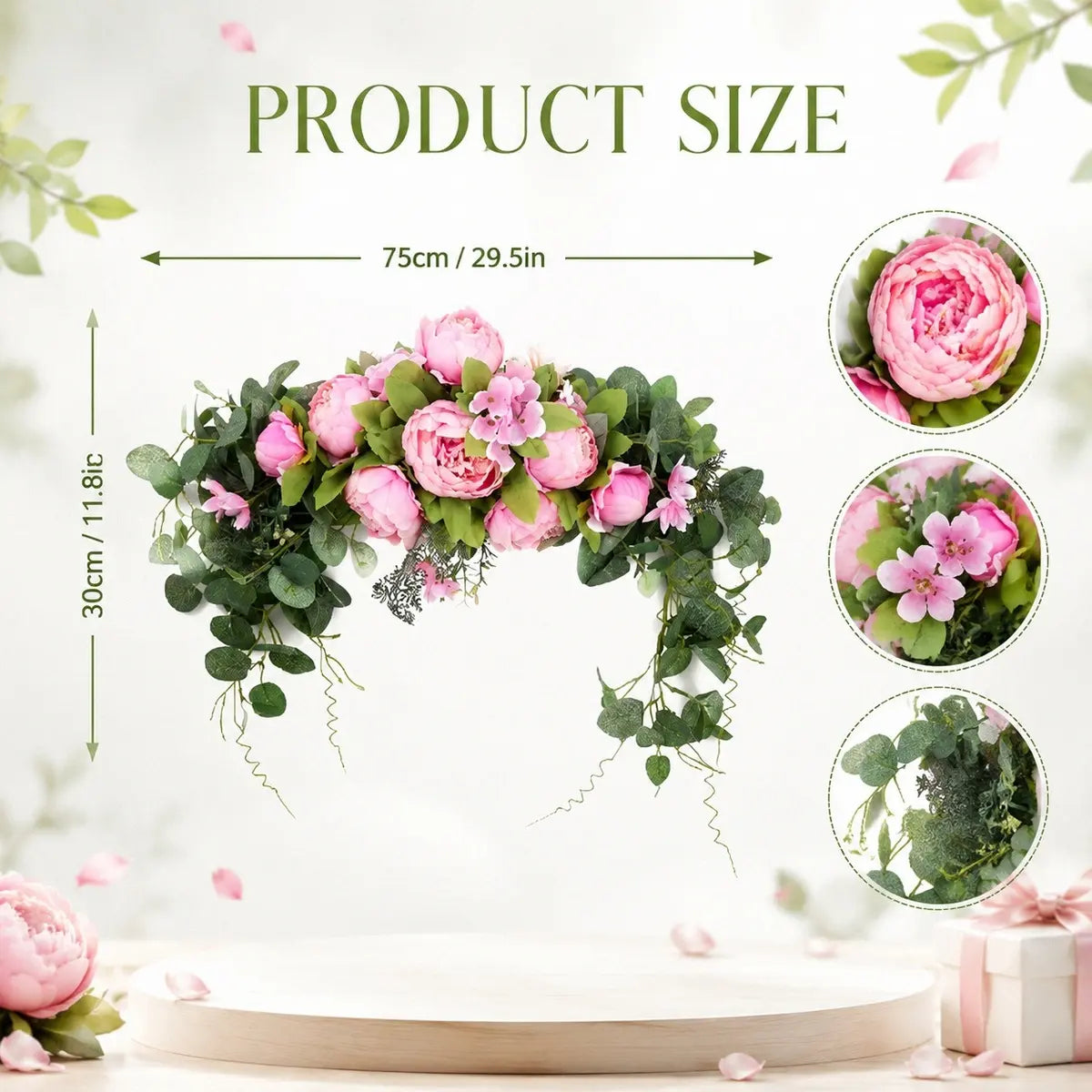 Product size chart for artificial pink peony eucalyptus arch swag showing 75cm wide by 30cm tall with close-up detail circles of peony bloom, pink filler flowers, and sage eucalyptus foliage