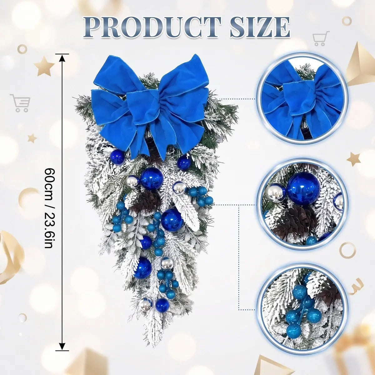 23.6 inch blue Christmas teardrop swag with royal blue velvet bow, blue and silver ball ornaments, frosted pine branches and pine cones, product flat lay on white background
