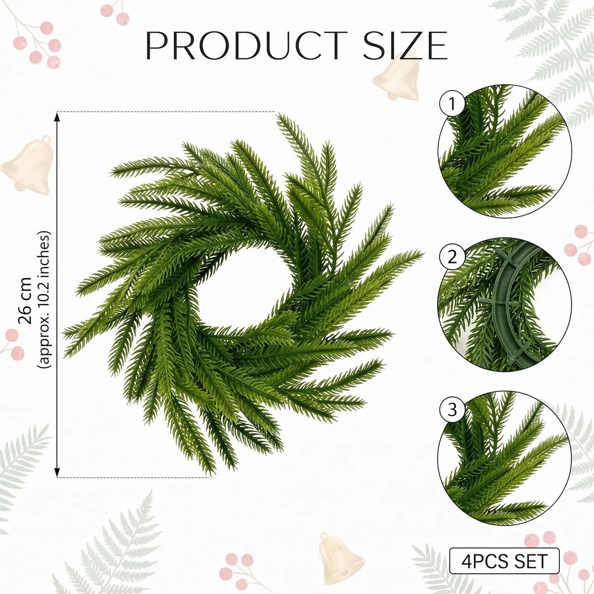 Norfolk pine candle ring wreath product size chart showing 26cm (10.2 inch) diameter, 4-piece set, with close-up details of realistic pine needle texture and green plastic base frame

