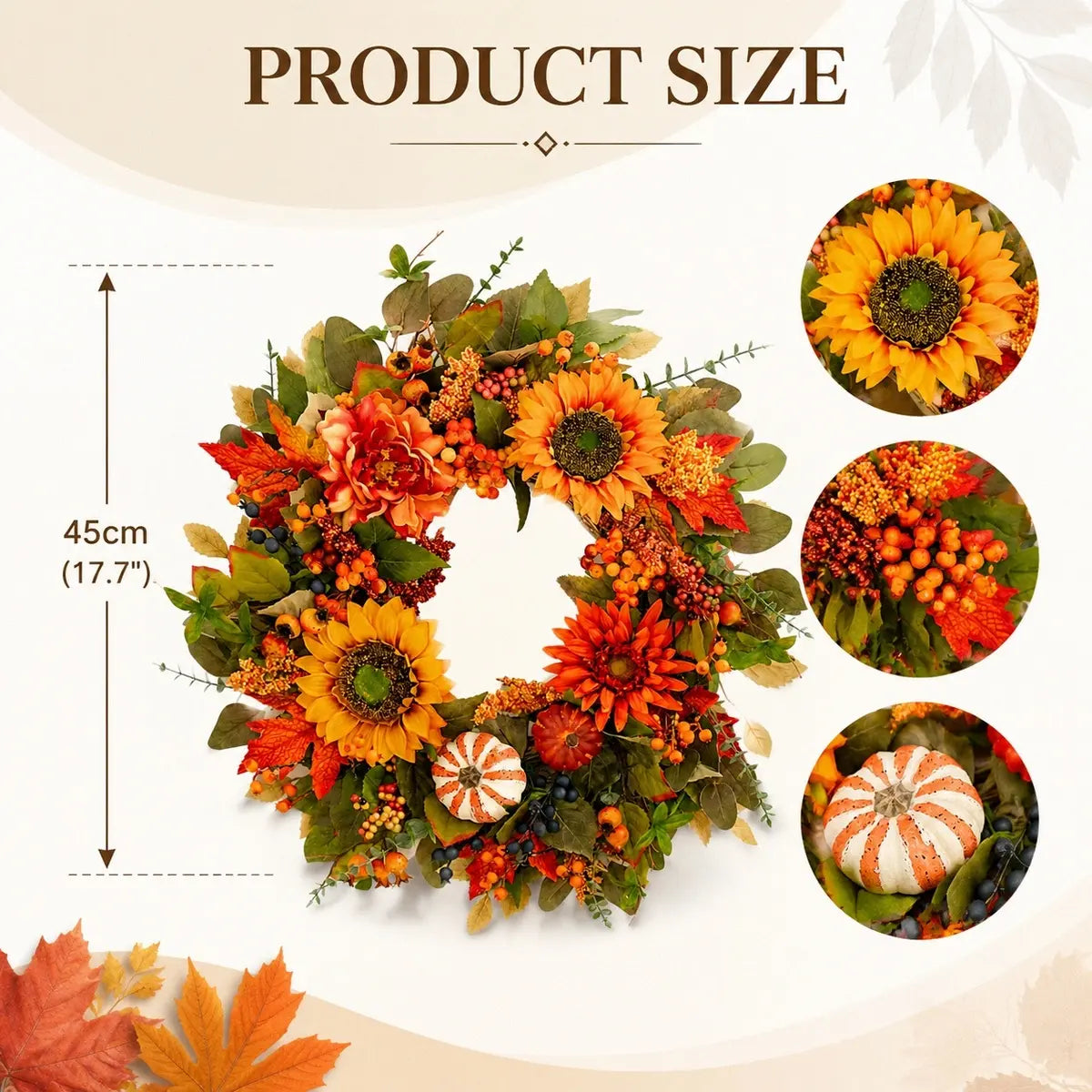 Product size chart for fall harvest wreath with pumpkins and dahlia flowers showing dimensions and design details