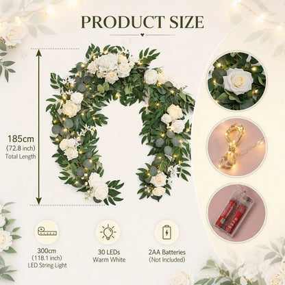 Artificial white rose eucalyptus garland size chart – 185cm (72.8 inch) total length, 300cm warm white LED string light, 30 LEDs, 2AA batteries not included – IPOPU