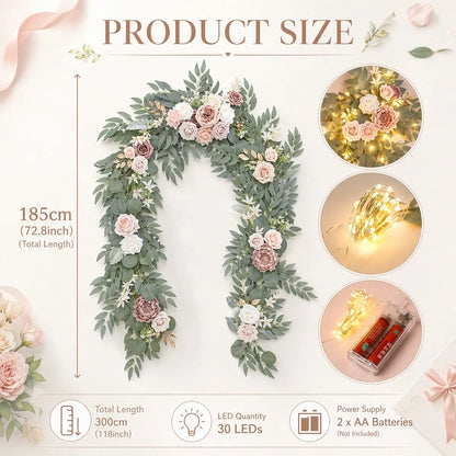 Artificial mauve pink ivory rose eucalyptus garland size chart – 185cm (72.8 inch) total length, 300cm warm white LED string light, 30 LEDs, 2 AA batteries not included – IPOPU