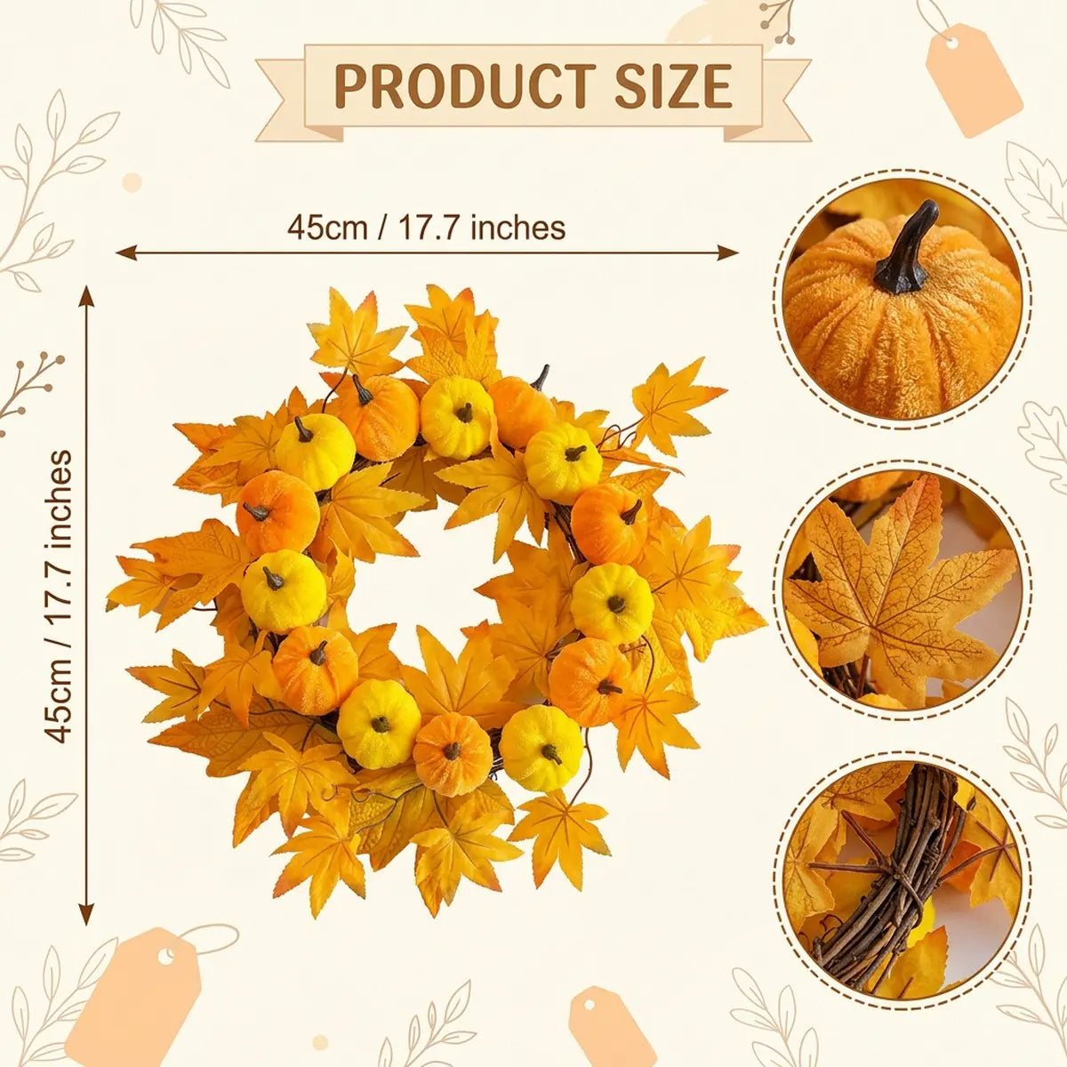 Product size chart for fall wreath with pumpkin and maple leaves showing diameter dimensions with detail component views
