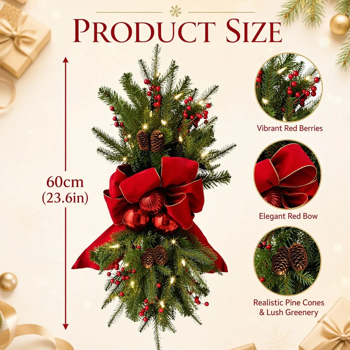 Christmas swag wreath product size chart showing 60cm length with red bow, red berries, pinecones and realistic pine greenery
