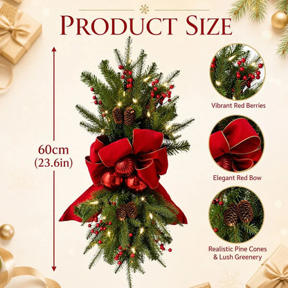 Christmas swag wreath product size chart showing 60cm length with red bow, red berries, pinecones and realistic pine greenery
