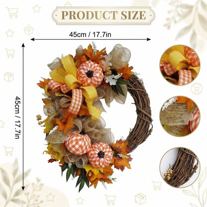 Fall pumpkin wreath size chart, 45cm 17.7 inches, grapevine base with gingham pumpkins, burlap mesh ribbon and autumn leaves, detail closeups