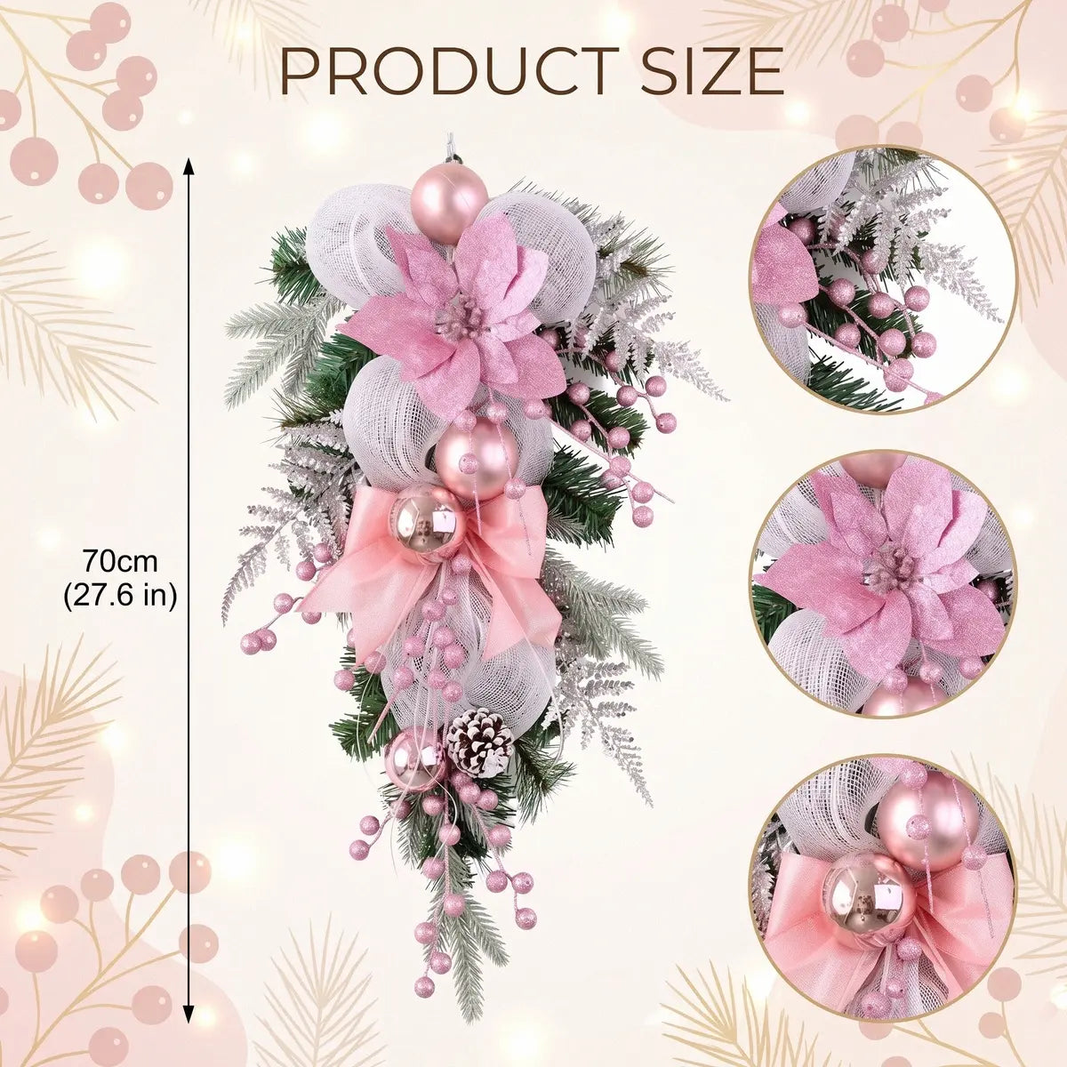 Pink Christmas teardrop swag product size chart showing 70cm (27.6 inch) dimensions, with detail close-ups of pink poinsettia, rose gold ball ornaments and mesh bow
