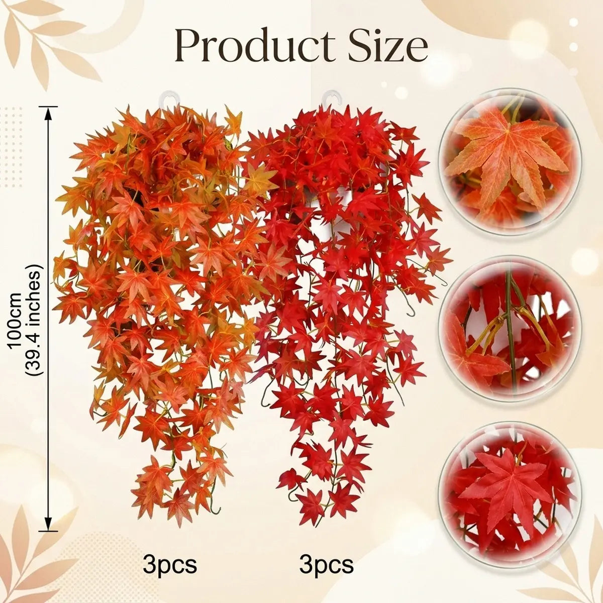 Artificial fall maple leaf garland size chart, 100cm 39.4 inches, set of 6 pcs in orange and red, leaf detail closeups