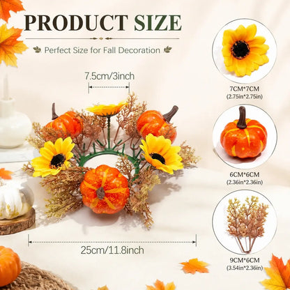 4 Pack Artificial Fall Candle Ring Wreath, 9.84 Inch Mini Autumn Candle Holder Wreath with Orange Pumpkins, Sunflowers and Foliage, Small Table Centerpiece Ring for Farmhouse Kitchen, Thanksgiving Harvest and Farmhouse Indoor Tabletop Decor
