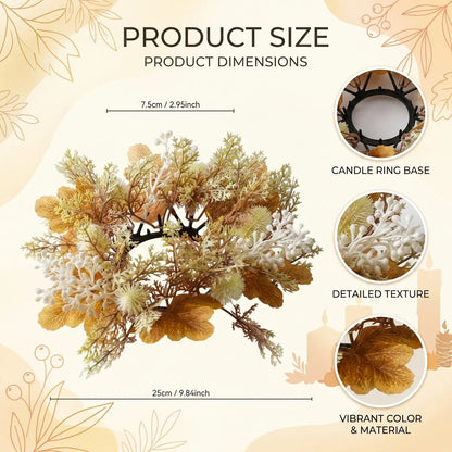 Product size chart for neutral fall candle ring wreath showing 9.84 inch dimensions with cream berries, thistle and golden maple leaf design details